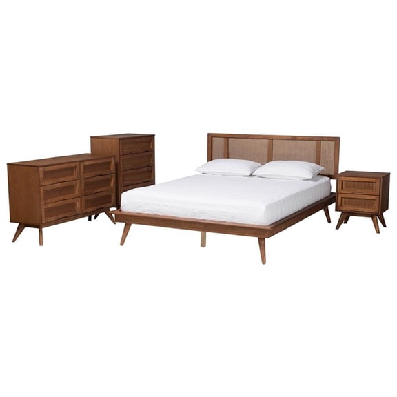 Baxton Studio Nura Walnut Brown Wood and Rattan Queen Size 4-Piece Bedroom Set