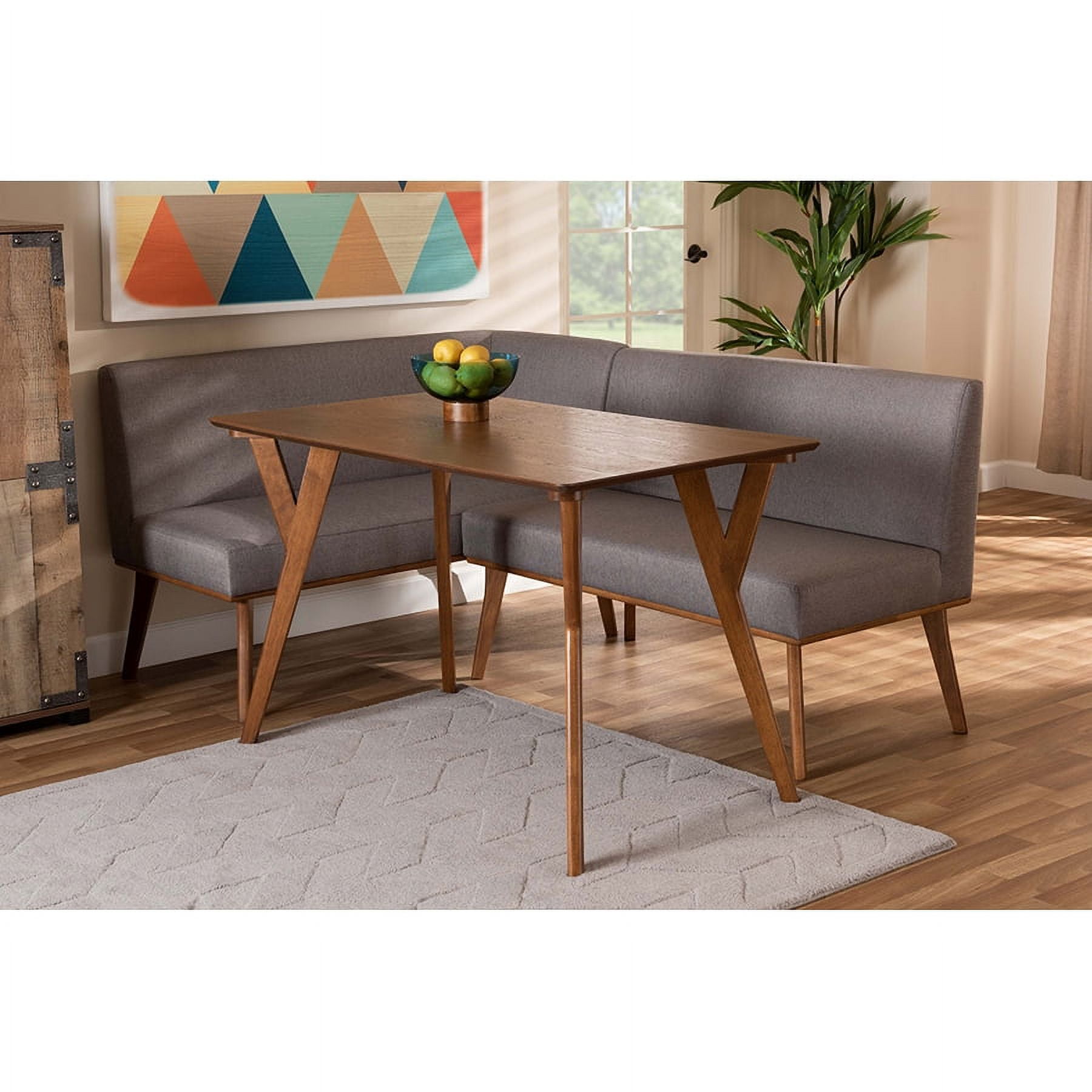 Odessa Mid-Century Modern Walnut Brown and Gray 3-Piece Dining Nook Set