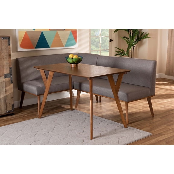 Baxton Studio Odessa Mid-Century Modern Grey Fabric Upholstered and Walnut Brown Finished Wood 3-Piece Dining Nook Set