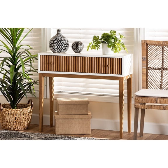 Baxton Studio Odile Mid-Century Modern Two-Tone Natural Brown and White Bayur Wood 1-Drawer Console Table
