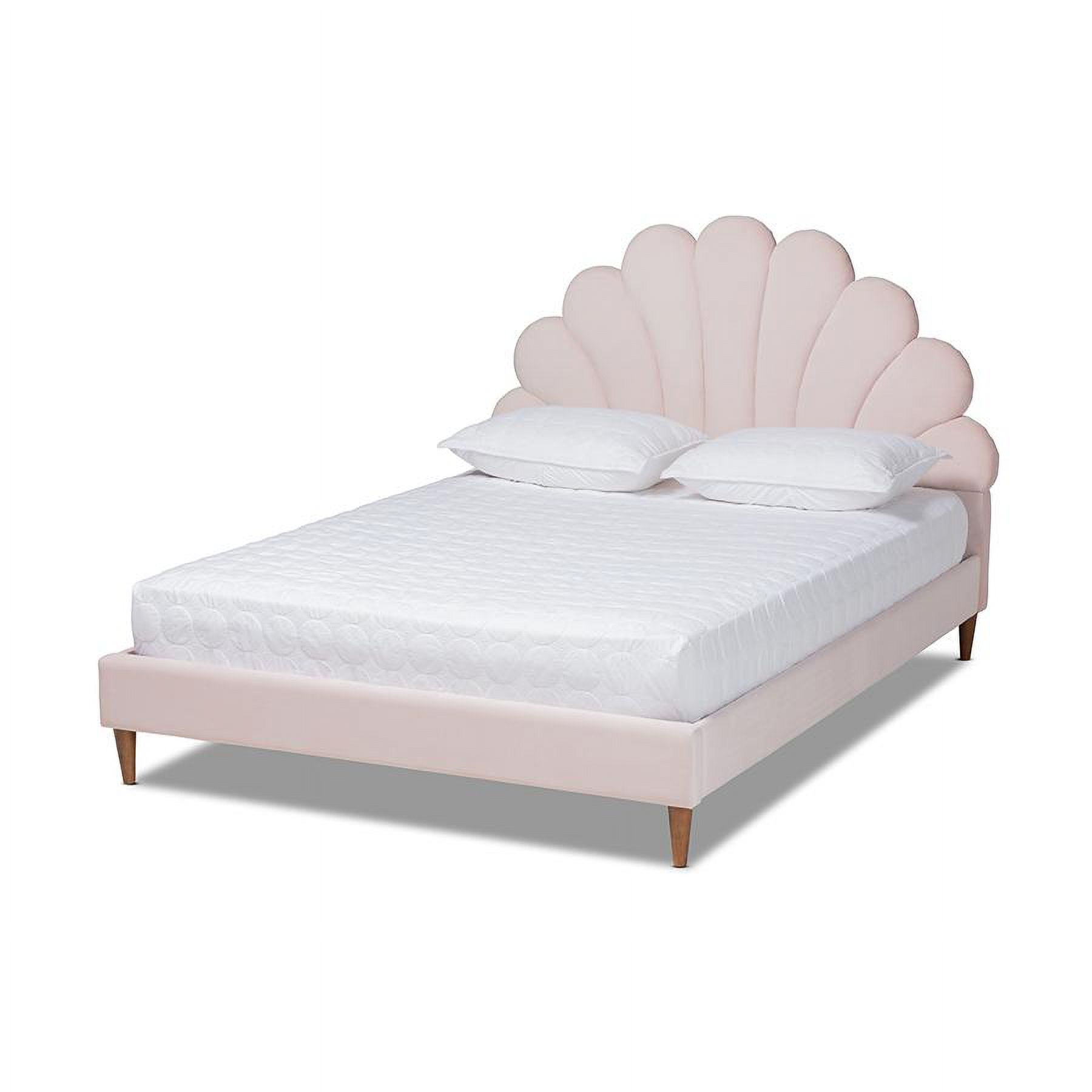 Queen Light Pink Velvet Tufted Platform Bed with Walnut Legs