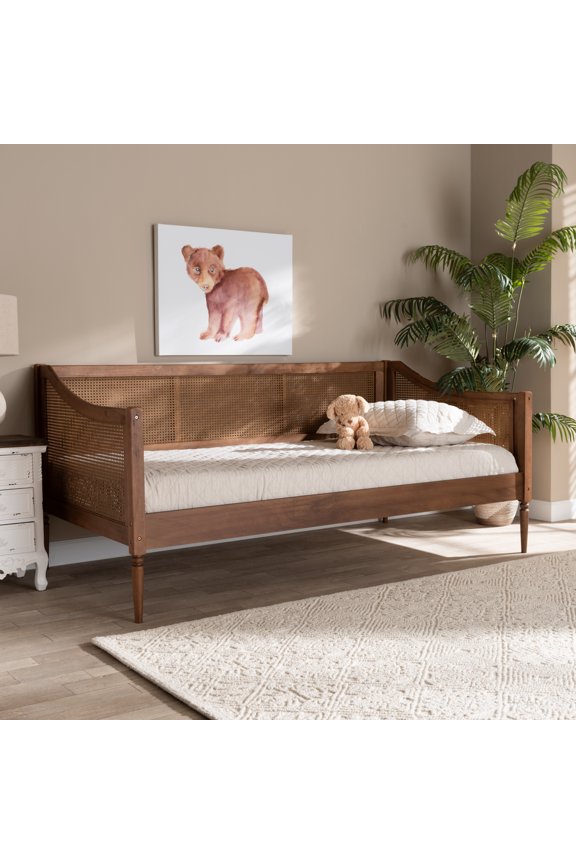 Ogden Mid-Century Modern Walnut Brown Finished Wood and Synthetic Rattan Twin Size Daybed