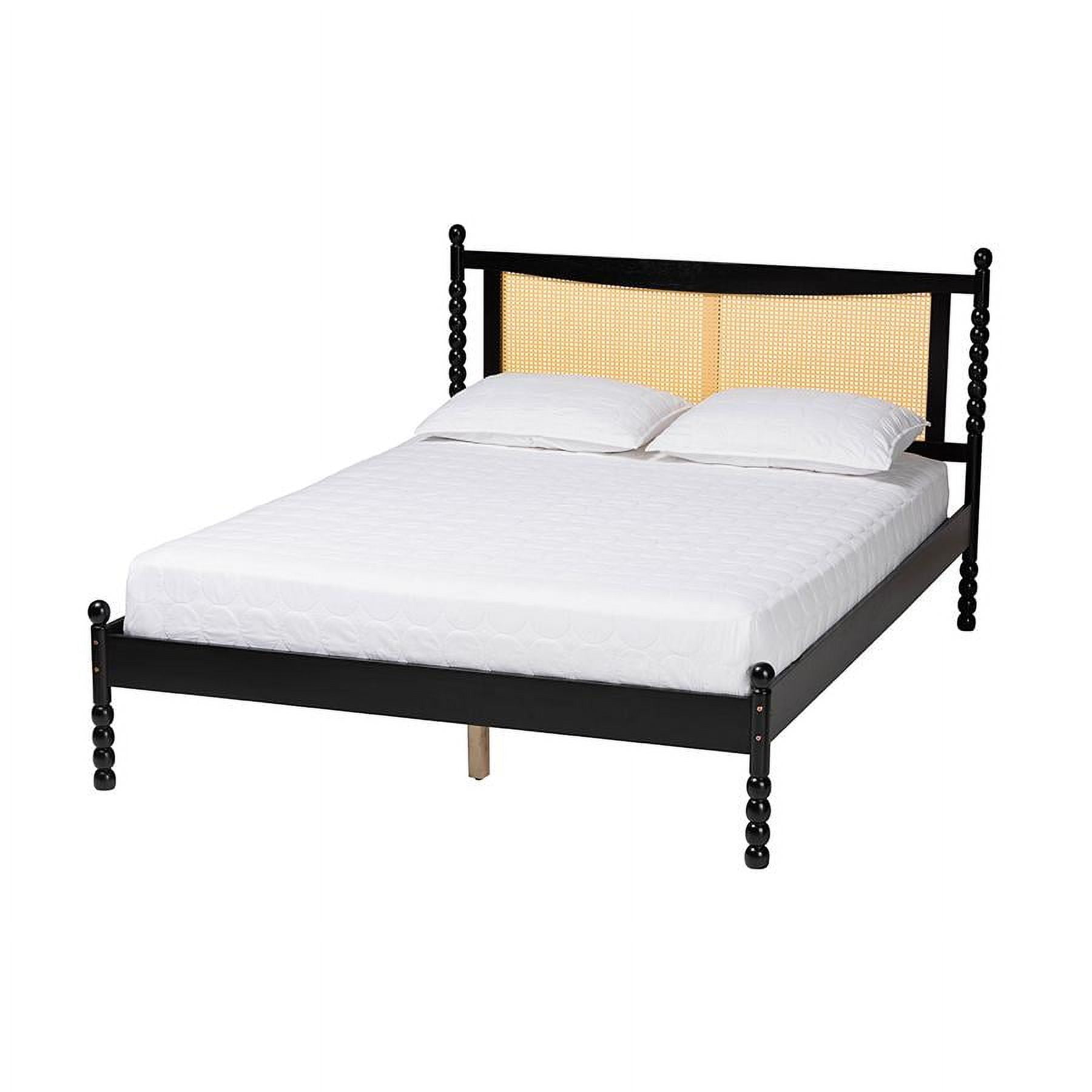 Okena Black Wood Queen Platform Bed with Woven Rattan Headboard