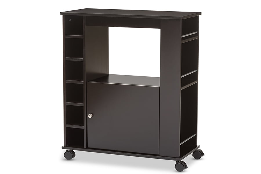 Dark Brown Rubberwood Mobile Wine Bar Cabinet with Storage