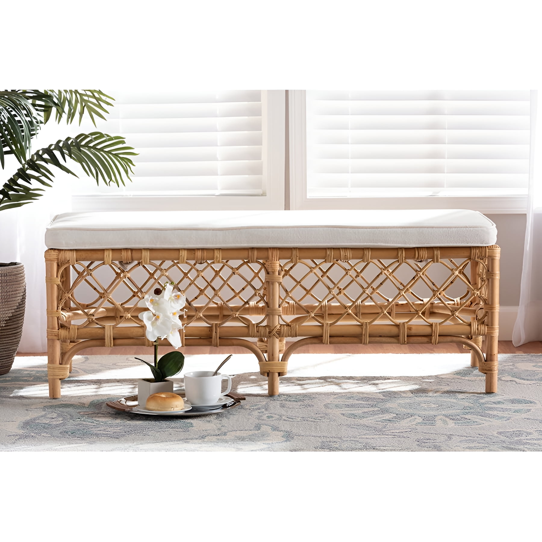 Serene Orchard White Fabric and Natural Rattan Bench - 48"