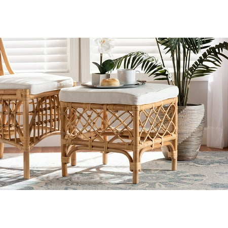 Baxton Studio Orchard Modern Bohemian White Fabric Upholstered and Natural Brown Rattan Ottoman