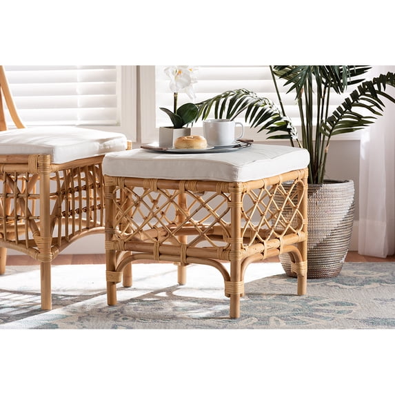 Baxton Studio Orchard Modern Bohemian White Fabric Upholstered and Natural Brown Rattan Ottoman