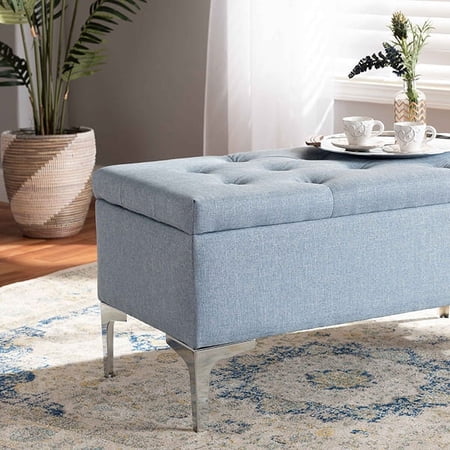 Wholesale Interiors Mabel Modern and Contemporary Transitional Light Blue Fabric Upholstered and Silver Finished Metal Storage Ottoman