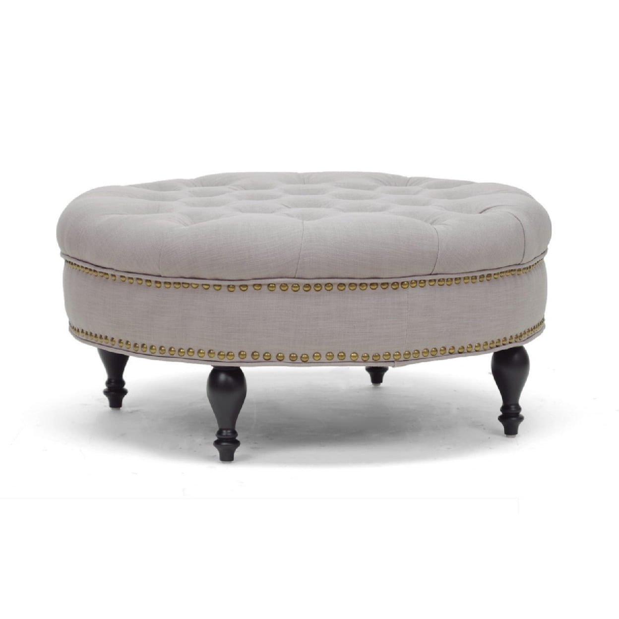Gray Linen Tufted Round Ottoman with Brass Nailhead Trim