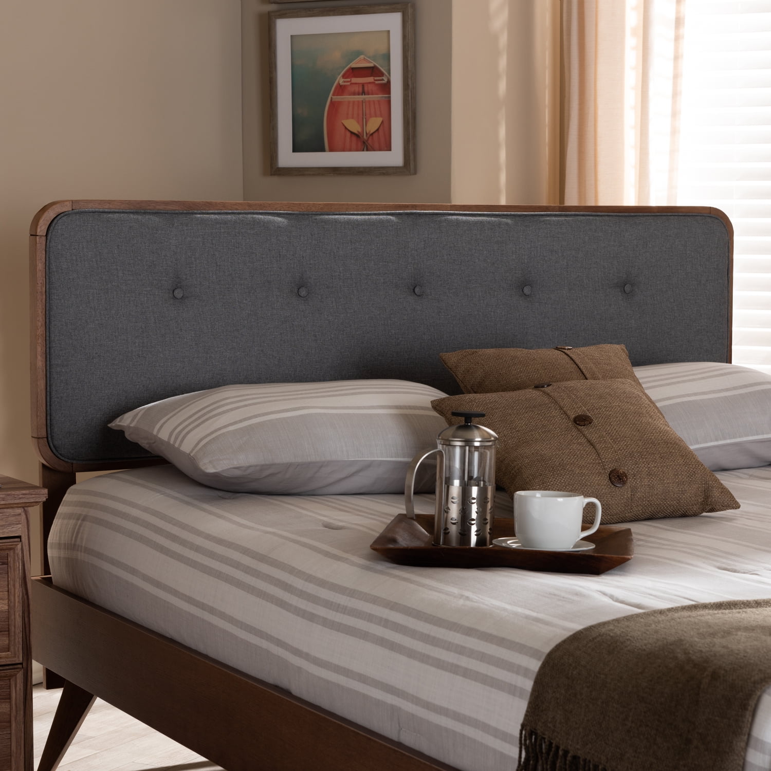 Baxton Studio Palina Mid-Century Wood Tufted Queen Headboard in Dark Gray