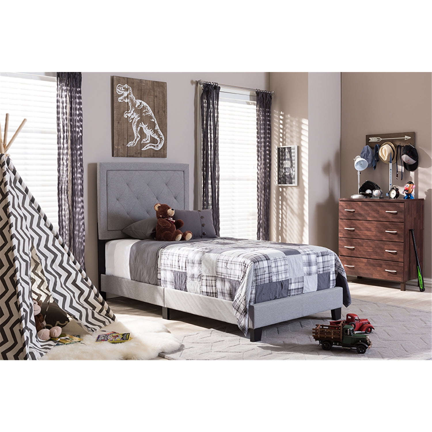 Elegant Twin-Size Linen Upholstered Bed with Diamond Tufting - Gray