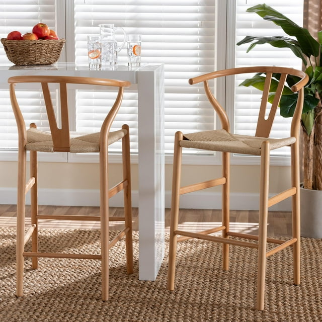 Baxton Studio Paxton Bar Stool, Beige and Oak Brown, Set of 2