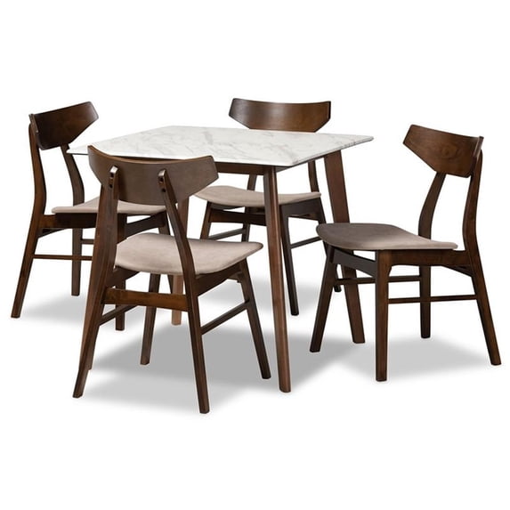 Mid-Century Modern Transitional Fabric Upholstered & Wood 5-Piece Dining Set with Faux Marble Table, Beige, Walnut