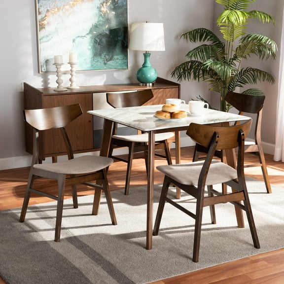 Baxton Studio Pearson Mid-Century Modern Transitional Light Beige Fabric Upholstered and Walnut Brown Finished Wood 5-Piece Dining Set with Faux Marble Table