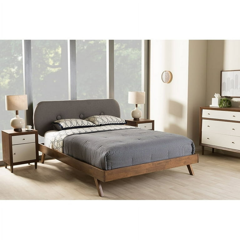Baxton Studio Penelope Mid-Century Modern Solid Walnut Wood Grey Fabric Upholstered Queen Size Platform Bed