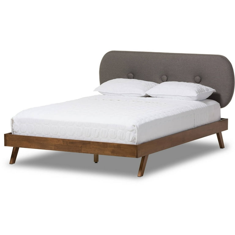 Baxton Studio Penelope Mid-Century Modern Solid Walnut Wood Grey Fabric Upholstered King Size Platform Bed Baxton Studio Penelope Mid-Century Modern Solid Walnut Wood Grey Fabric Upholstered King Size Platform Bed