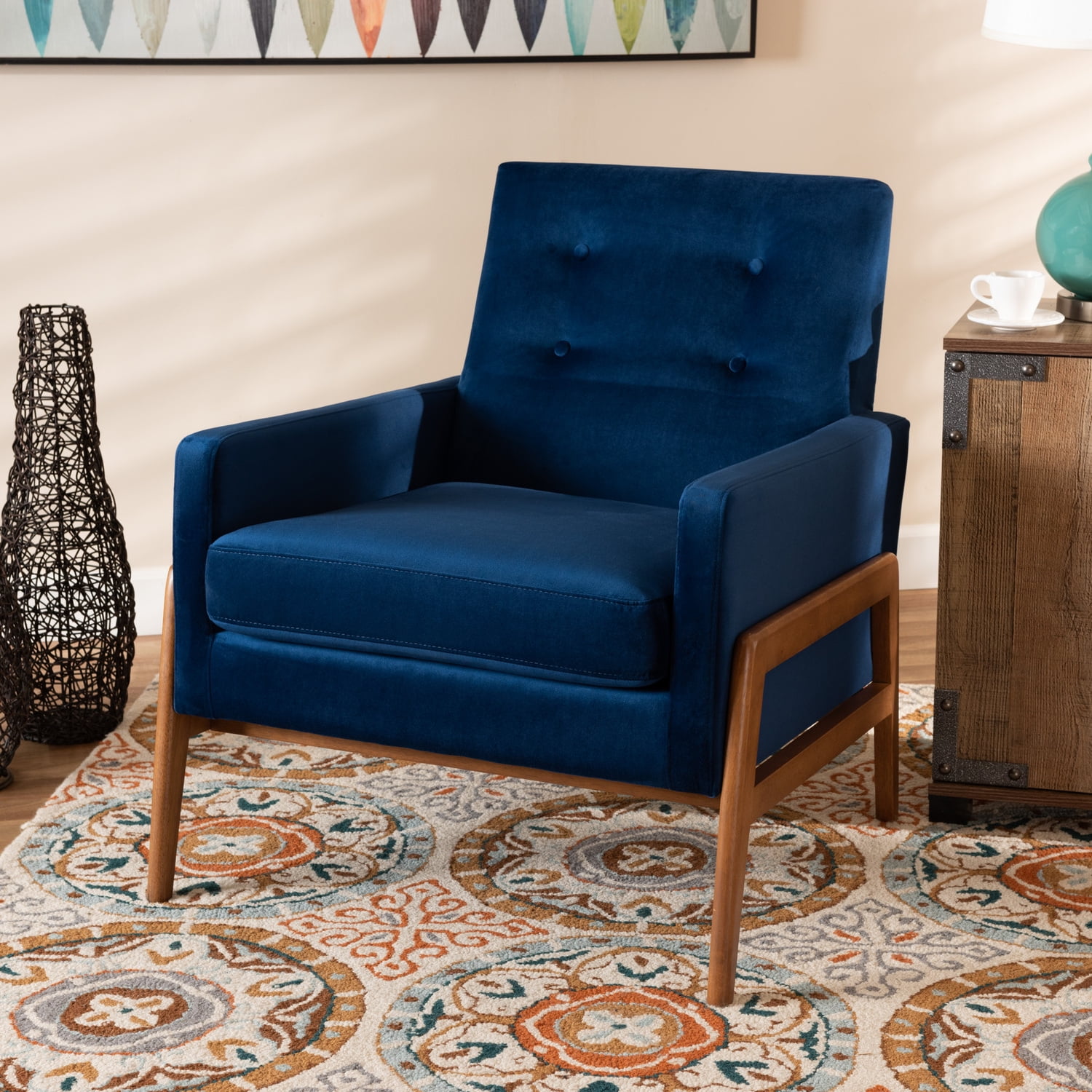 Navy Blue Velvet & Walnut Brown Wood Accent Chair