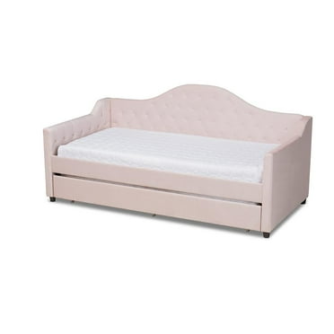 Baxton Studio Perry Light Pink Velvet Button Tufted Twin Size Daybed with Trundle