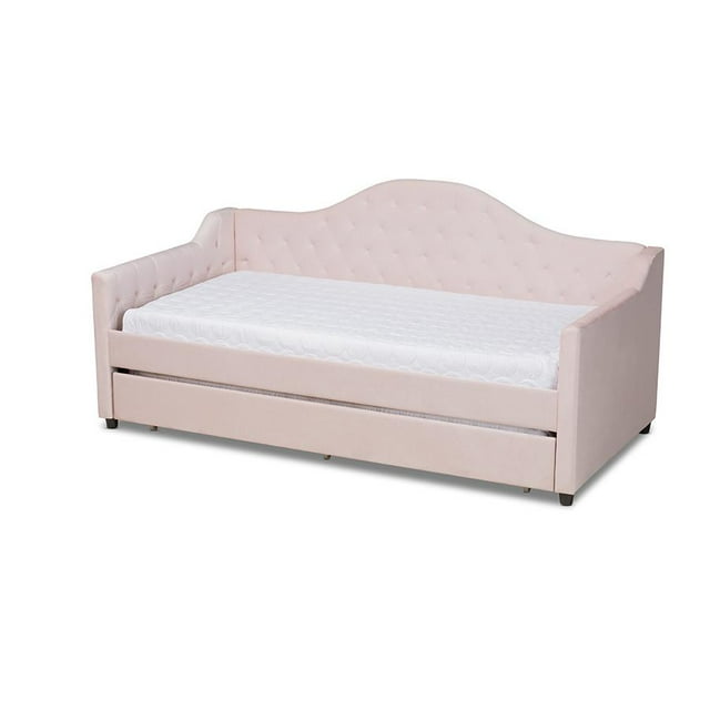 Baxton Studio Perry Light Pink Velvet Button Tufted Twin Size Daybed with Trundle