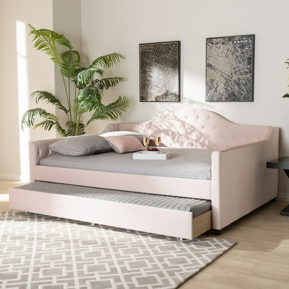 Baxton Studio Perry Modern and Contemporary Light Pink Velvet Fabric Upholstered and Button Tufted Full Size Daybed with