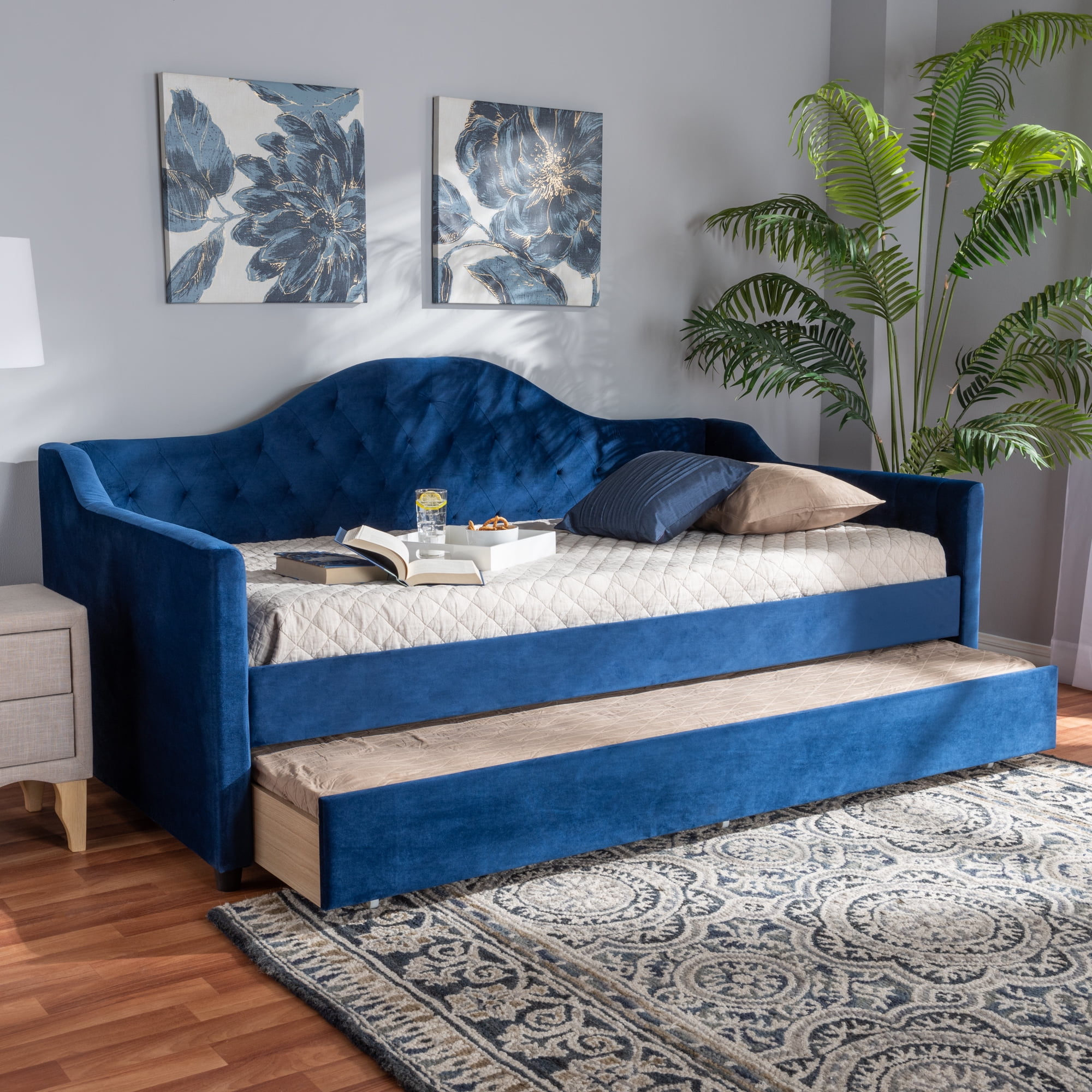 Baxton Studio Perry Royal Blue Velvet Button Tufted Twin Size Daybed with Trundle