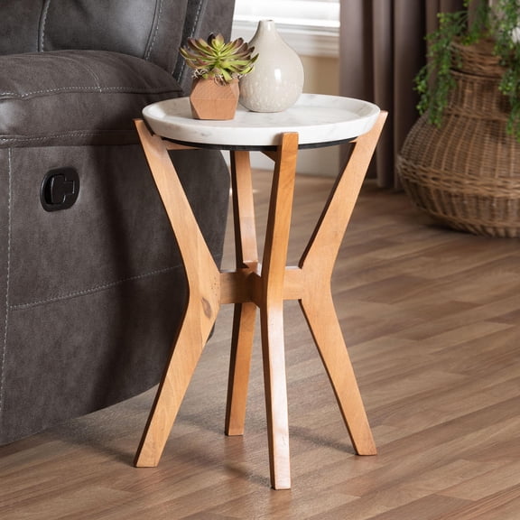 Baxton Studio Phaedra Round Marble End Table - Modern Accent Table with Mango Wood Frame and Tray Tabletop for Living Room or Seating Area