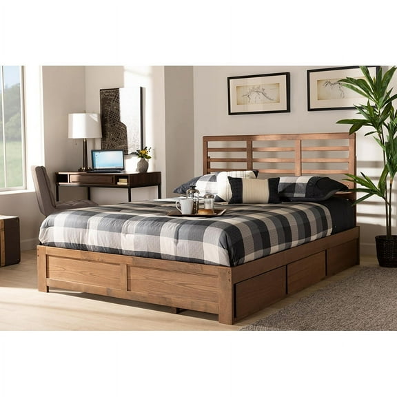 Baxton Studio Piera Contemporary Rubberwood Storage Platform Bed, Full, Walnut Brown