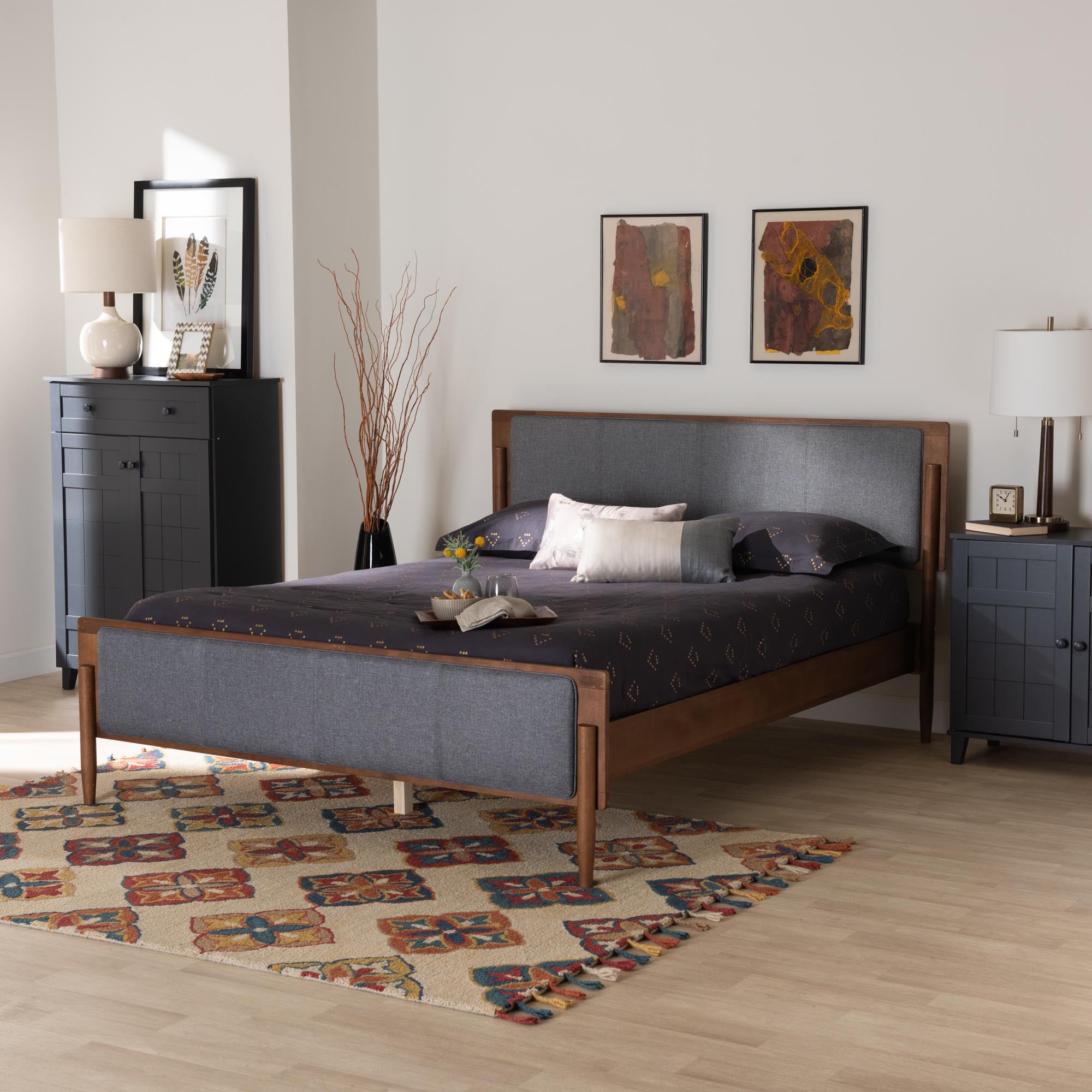 Baxton Studio Powers Mid-Century Modern Grey Fabric and Ash Walnut Finished Wood Queen Size Platform Bed