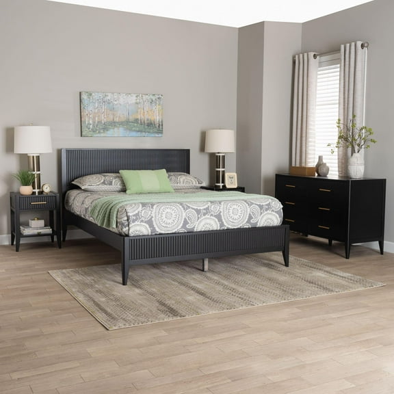 Baxton Studio Primrose Mid-Century Bedroom Set, Queen, Black
