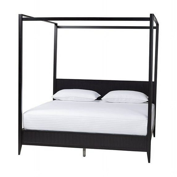 Baxton Studio Primrose Mid-Century Black Fluted Wood King Size Canopy Bed