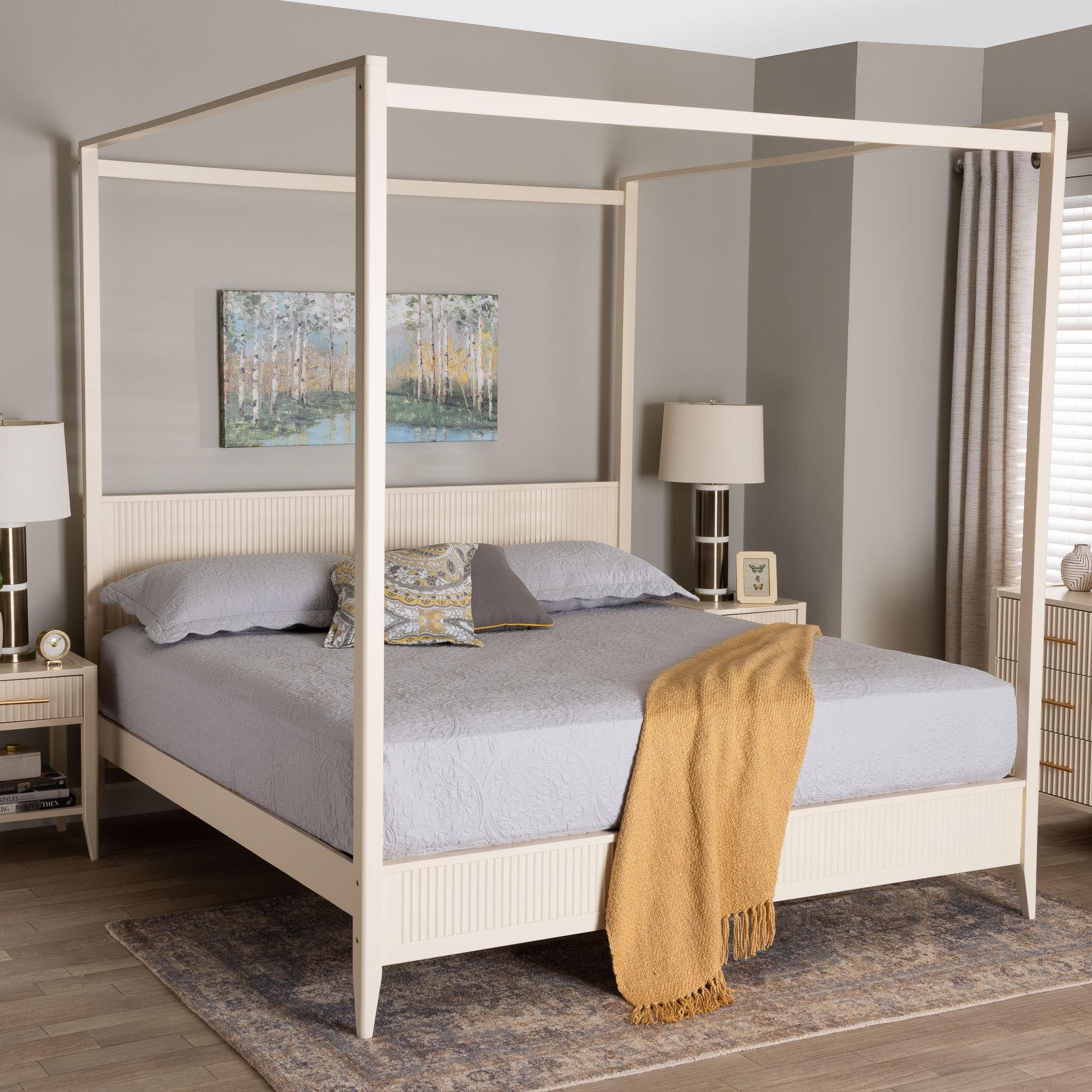 Baxton Studio Primrose Mid-Century King Canopy Bed Ivory