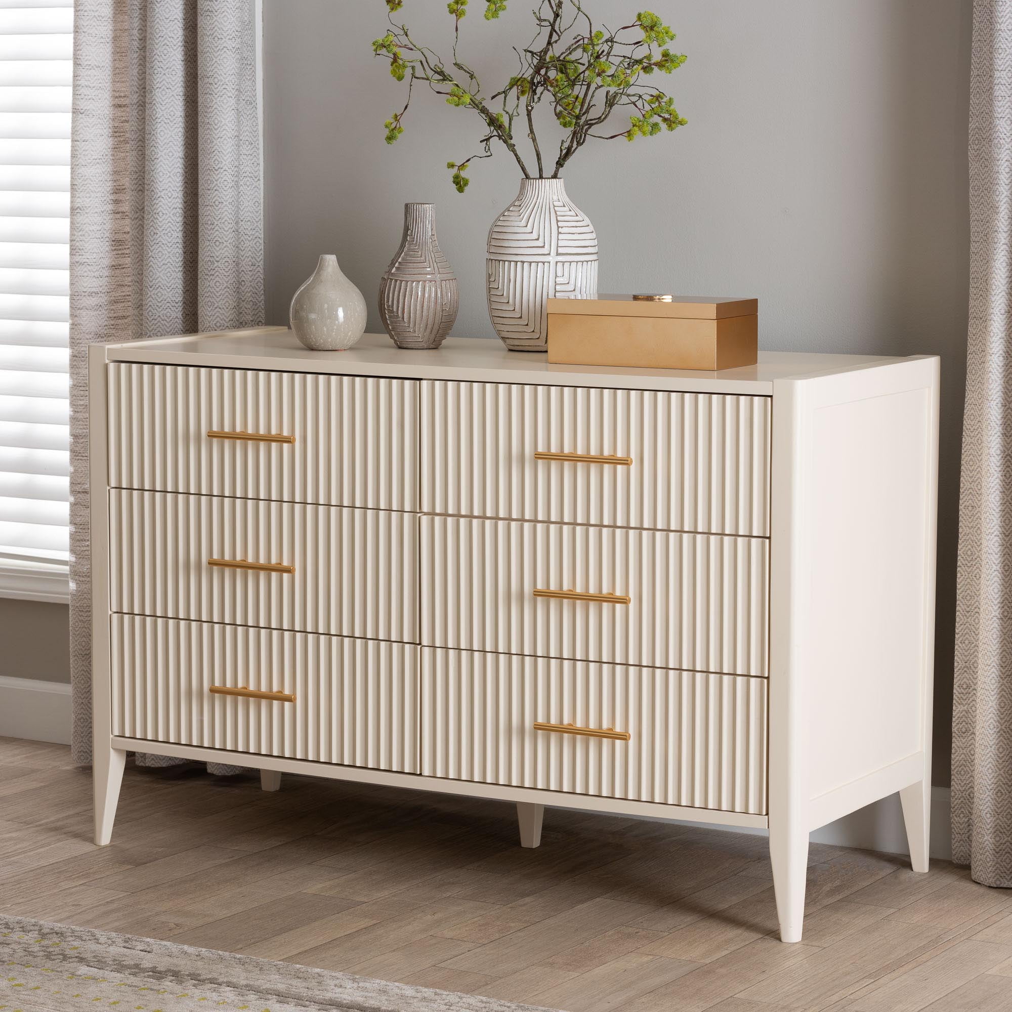 Baxton Studio Primrose Mid-Century Dresser, 6-Drawer, Ivory