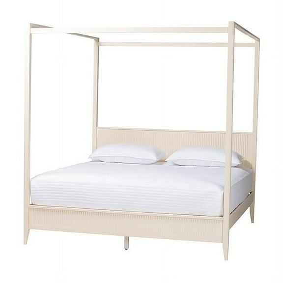 Baxton Studio Primrose Mid-Century Ivory Fluted Wood King Size Canopy Bed