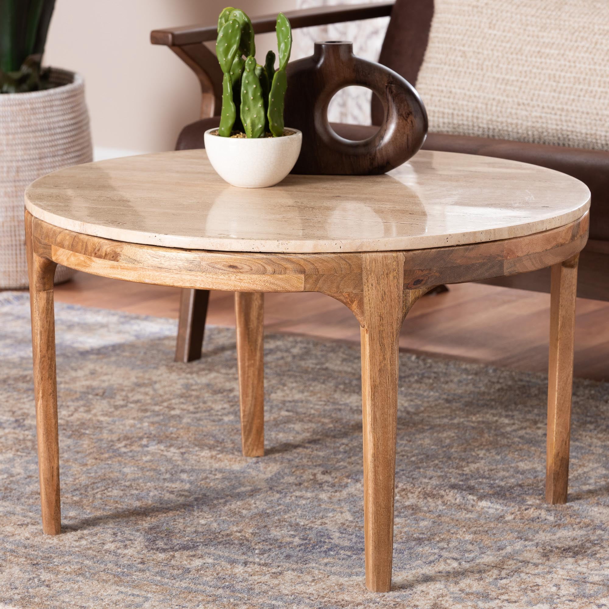 Baxton Studio Prospero Round Travertine Coffee Table - Modern Accent Table with Mango Wood Frame for Living Room or Seating Areas