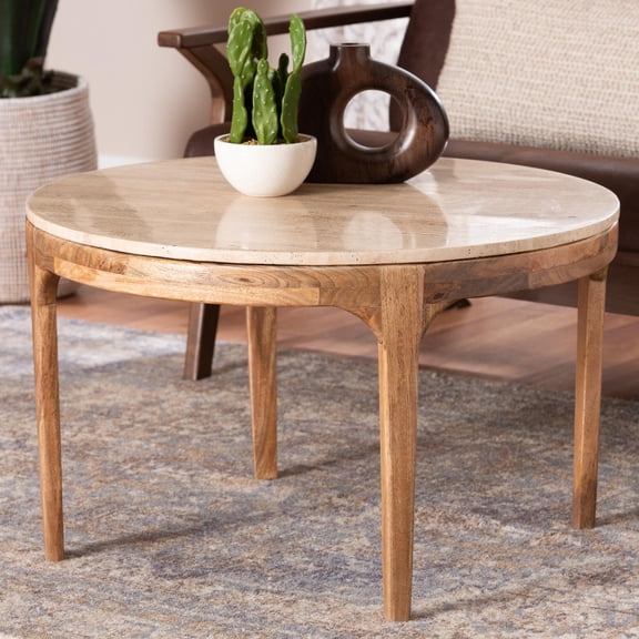 Baxton Studio Prospero Round Travertine Coffee Table - Modern Accent Table with Mango Wood Frame for Living Room or Seating Areas