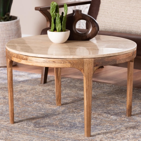 Baxton Studio Prospero Round Travertine Coffee Table - Modern Accent Table with Mango Wood Frame for Living Room or Seating Areas