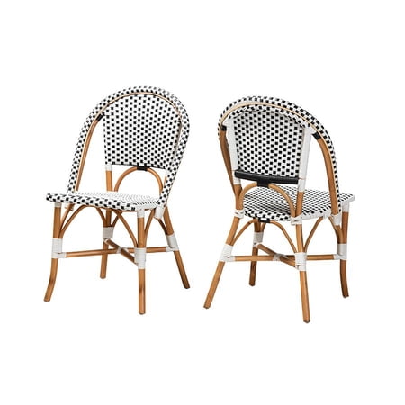 Baxton Studio Quincy Black and White Weaving and Brown Rattan Bistro Chair