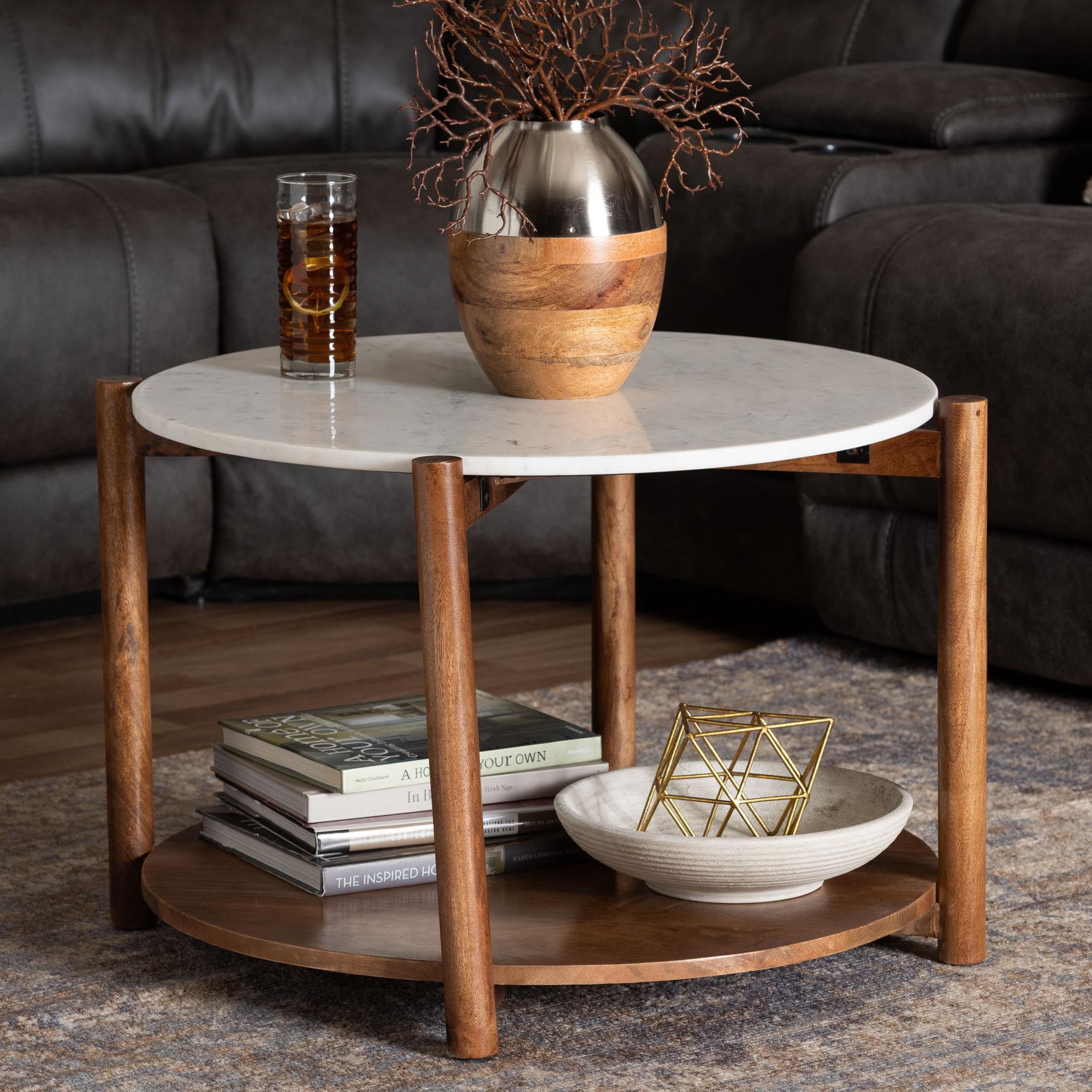 Baxton Studio Quindalyn Round Marble Coffee Table - Modern Accent Table with Mango Wood Frame and Open Shelf Storage for Living Room or Seating Areas