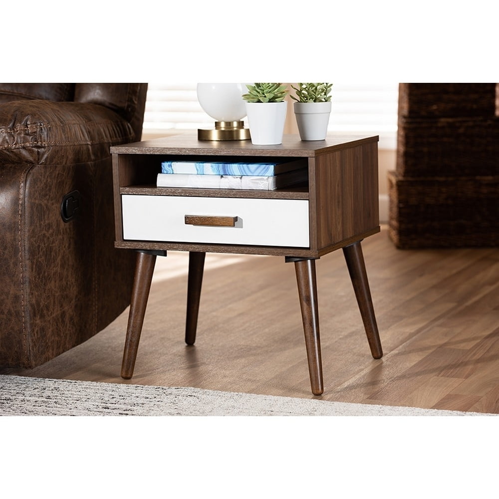 Walnut and White 22" Wood End Table with Storage Drawer