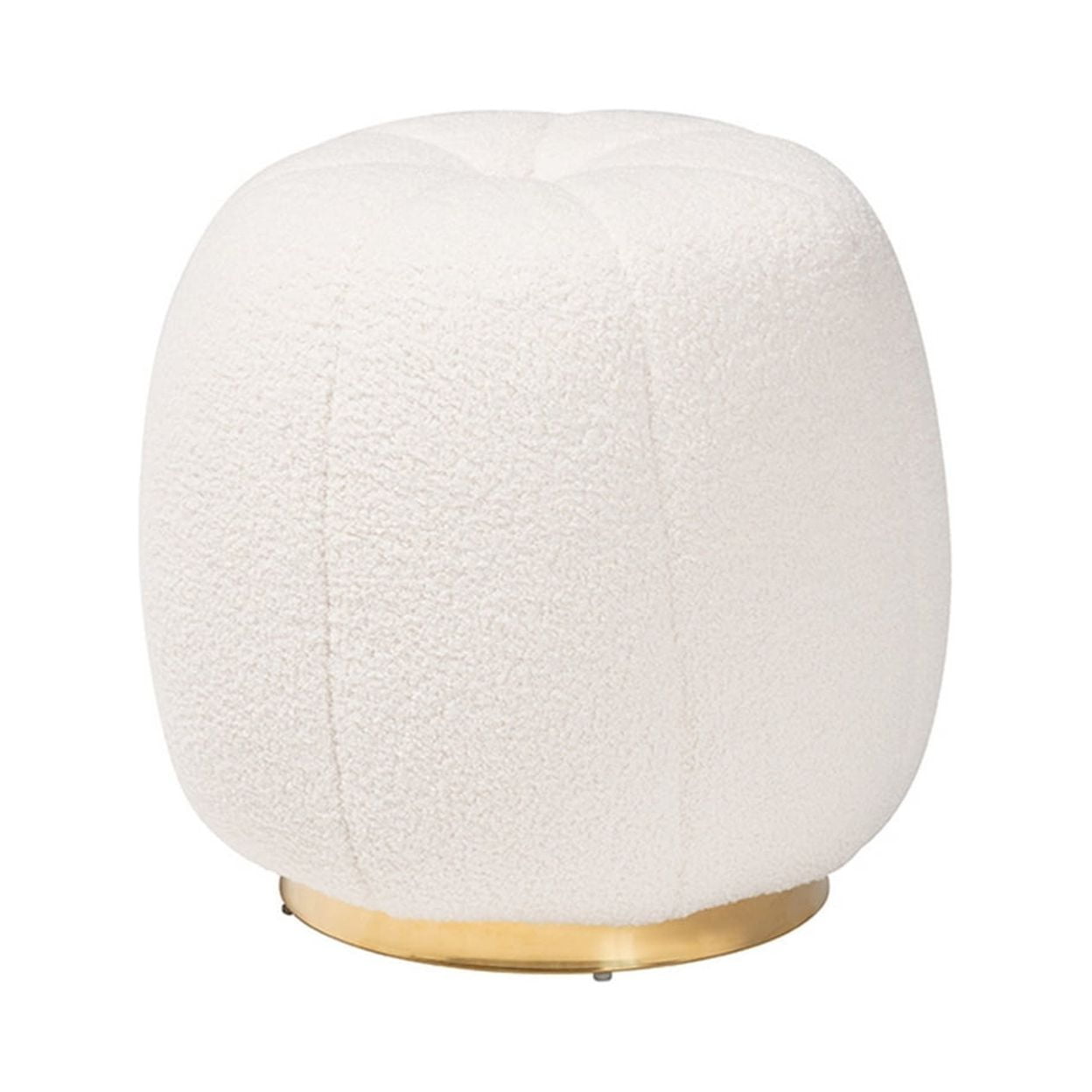 Ivory Boucle Upholstered Round Ottoman with Gold Metal Base
