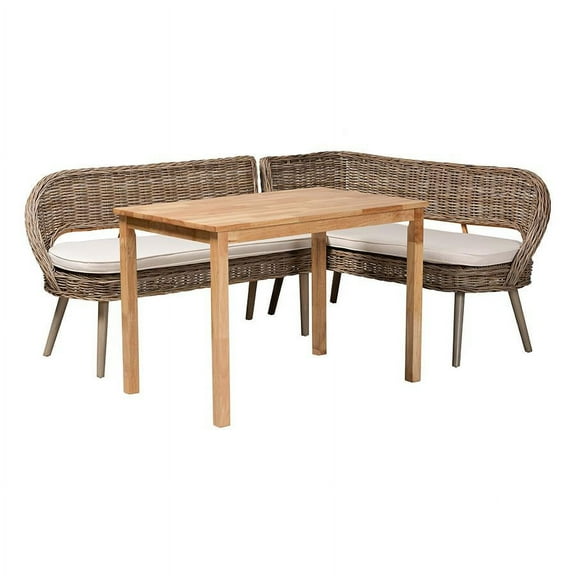 Baxton Studio Modern Bohemian Natural Kubu Rattan Bench and Wood Table 3-Piece Dining Nook Set