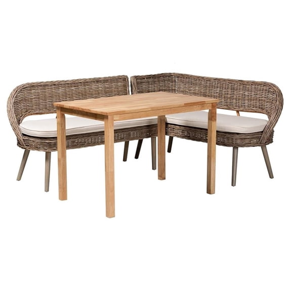 Baxton Studio Raisa Gray Seagrass Bench and Wood Table 3-Piece Dining Nook Set
