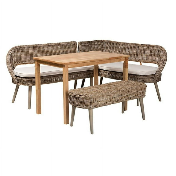 Baxton Studio Modern Bohemian Natural Kubu Rattan Bench and Wood Table 4-Piece Dining Nook Set