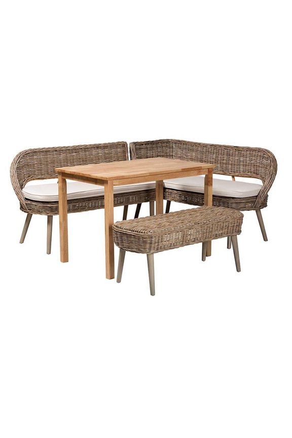 Modern Bohemian Natural Kubu Rattan Bench and Wood Table 4-Piece Dining Nook Set