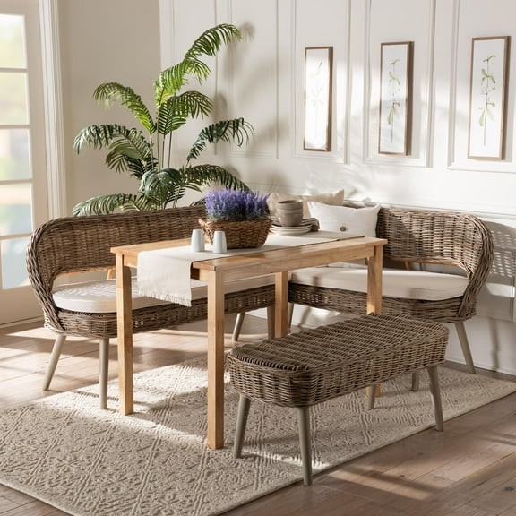 Baxton Studio Raisa Seagrass, Rattan and Acacia Wood BOHO Dining Nook Set, 4-Piece, Greywashed