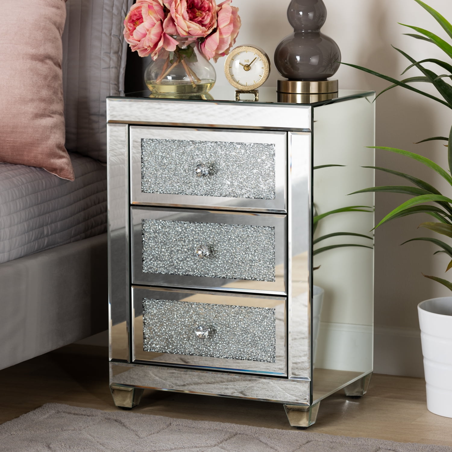 Elegant Ralston Mirrored 3-Drawer Nightstand with Crystal Accents