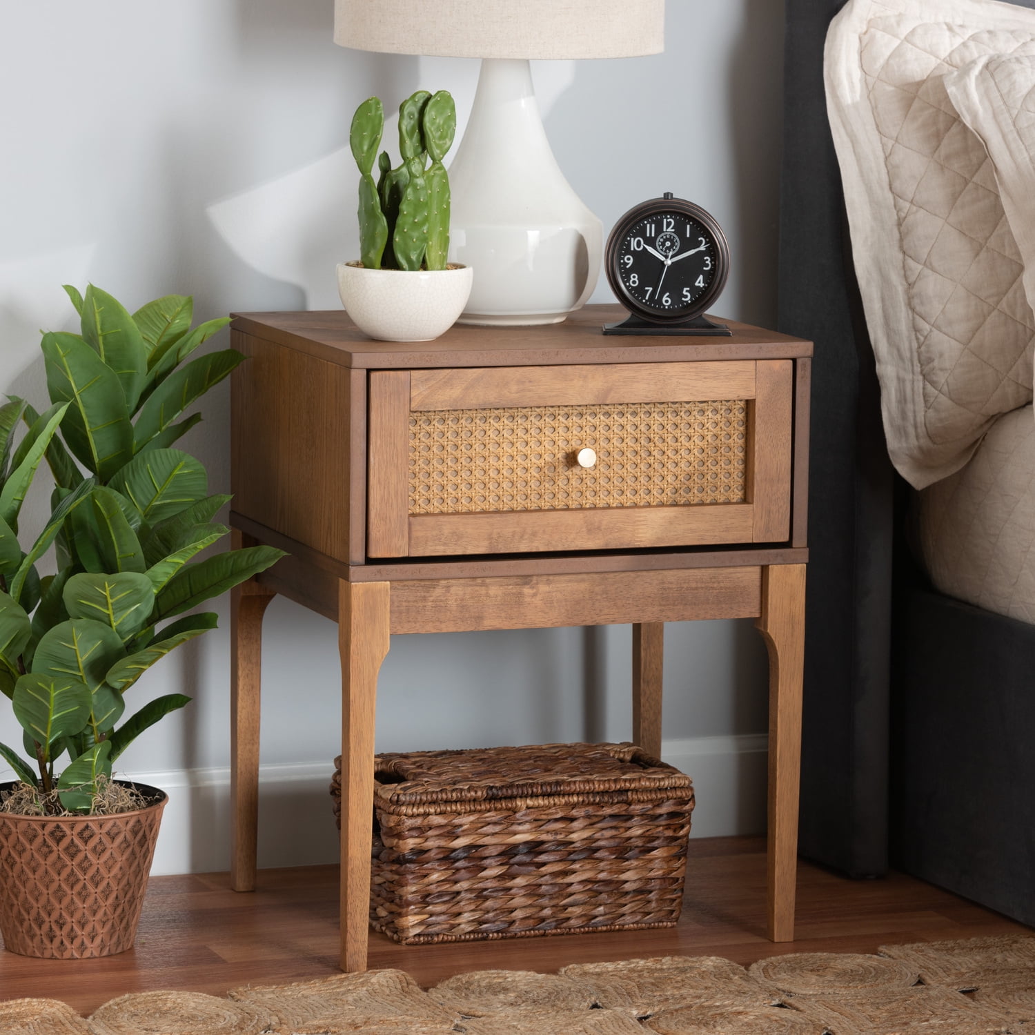 Ramiel Ash Walnut Wood and Rattan 1-Drawer Nightstand