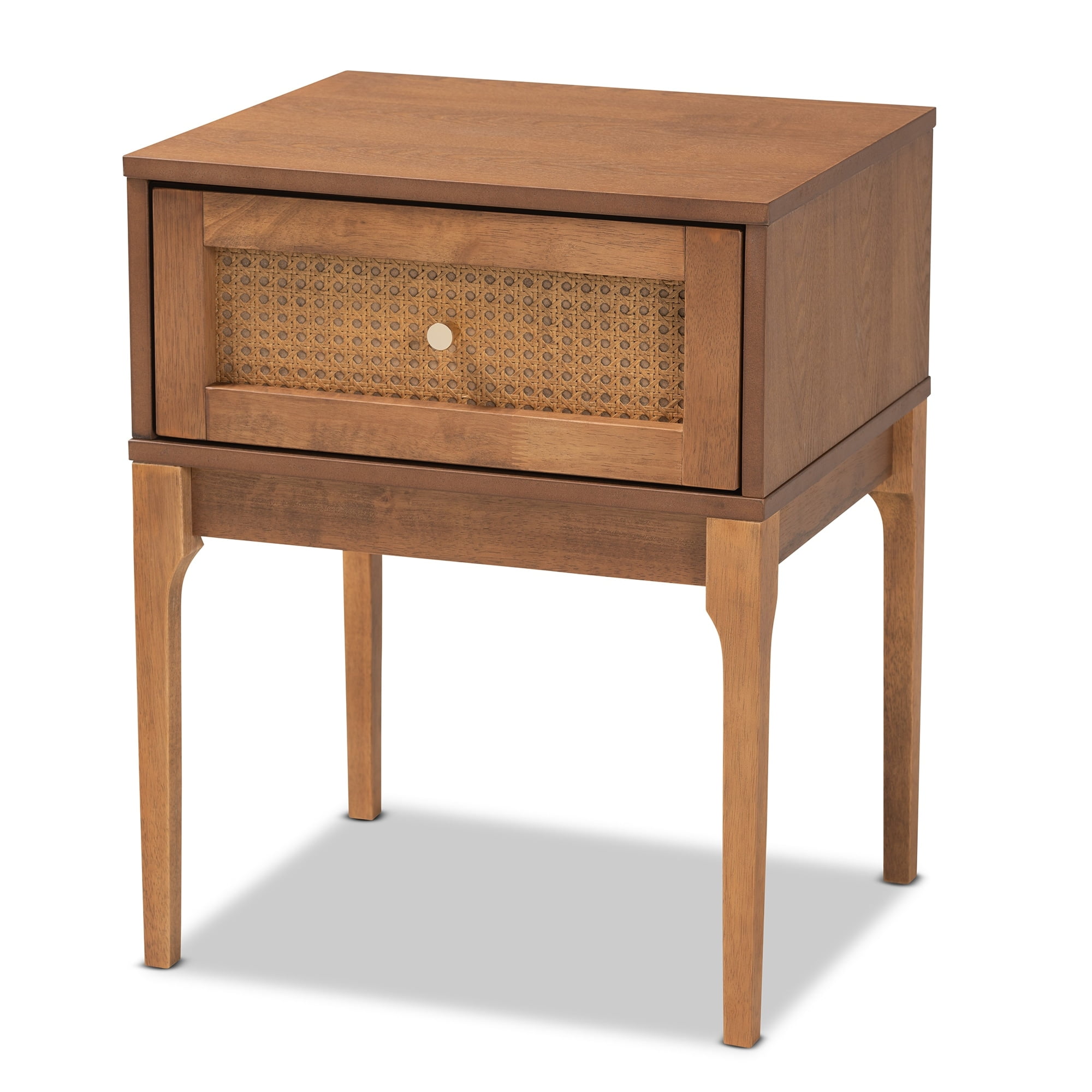 Mid-Century Modern Natural Brown Wood and Rattan 1-Drawer Nightstand