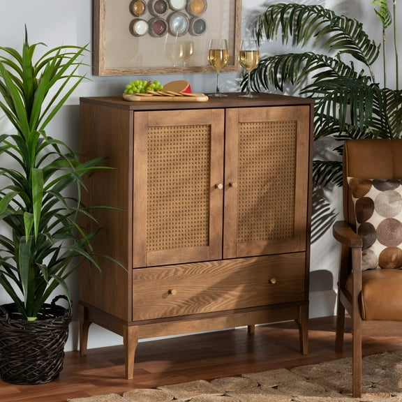 Baxton Studio Ramiel Mid-Century Modern Ash Walnut Finished Wood and Rattan 1-Drawer Sideboard