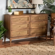 Baxton Studio Ramiel Mid-Century Modern Ash Walnut Finished Wood and Rattan 6-Drawer Dresser